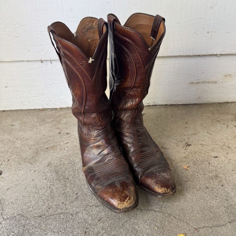 Vintage Lucchese Cowboy Boots Brown Leather 10.5 B US Men's Distressed